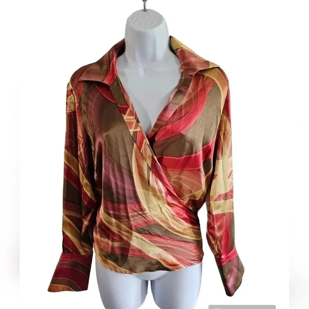 Lafayette 148 Women 6 Silk Swirl Wrap Blouse Gold Brown Red Archival Investment - Picture 2 of 10
